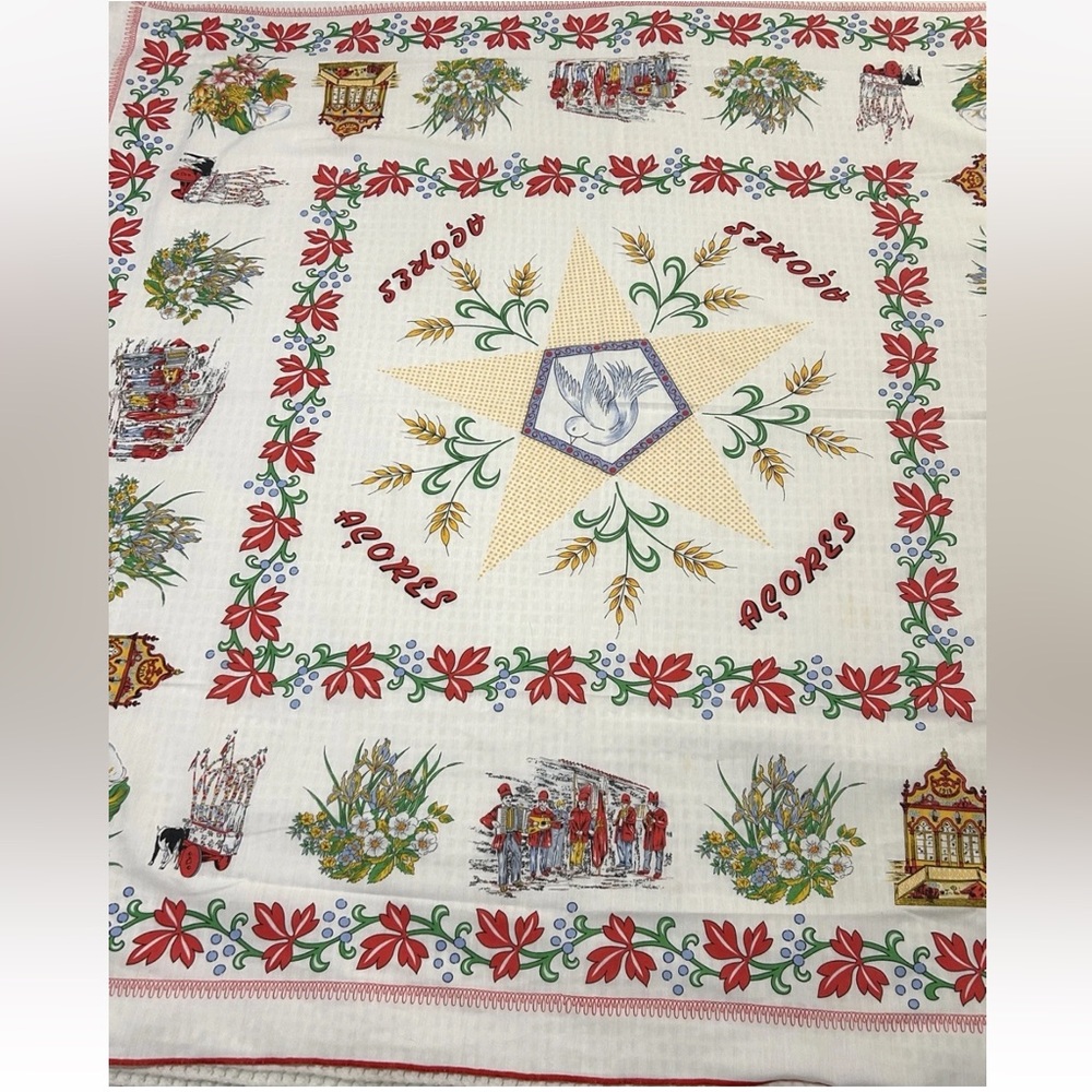 Vtg 1970s Folk Art Tablecloth Portugal Cottage Core Wall Hanging 5’ Square